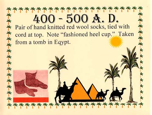Hosiery history: 400-500 AD hand knitted red wool socks taken from a tomb in Egypt